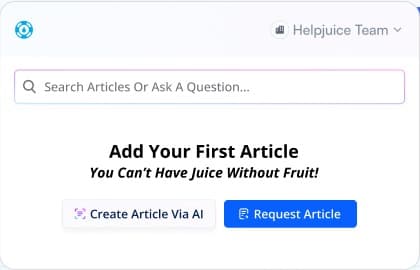 Extension popup for an empty knowledge base: Add your first article, with Create Article via AI and Request Article.