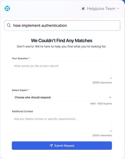 Extension popup after a search with no matches, showing a request form with the question, the expert who should answer and extra context.