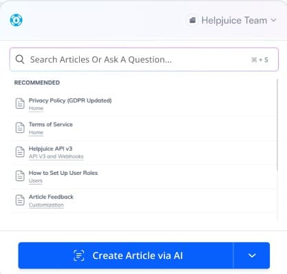 Extension popup with a search field, recommended articles and a Create Article via AI button.