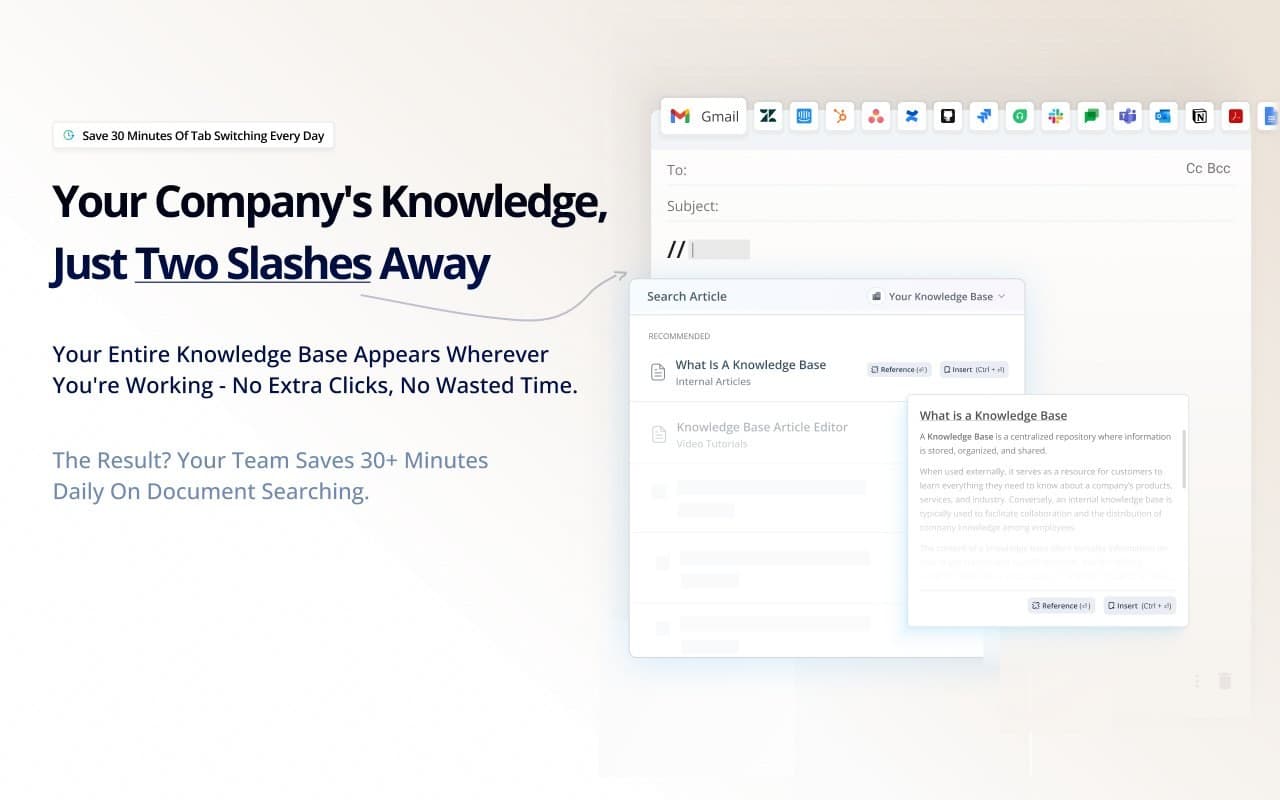 Slide reading: Your company knowledge, just two slashes away, with the extension search open inside a Gmail draft.