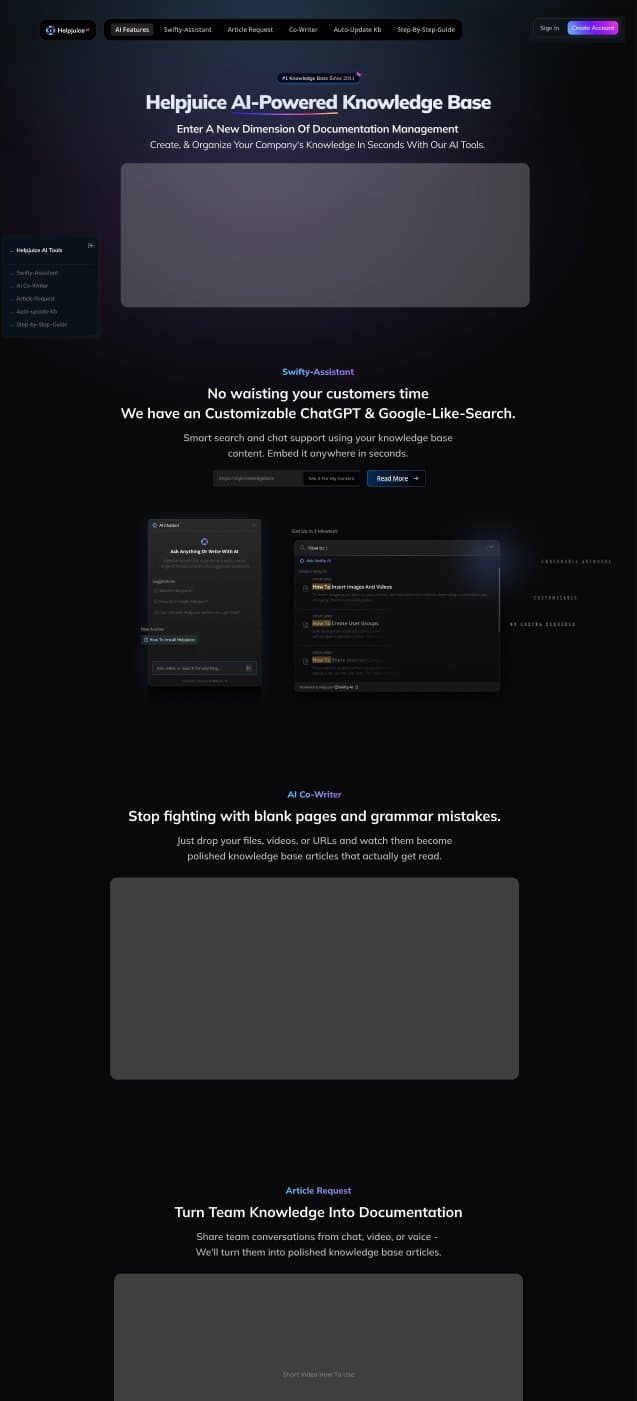 Dark landing page for Helpjuice AI tools.