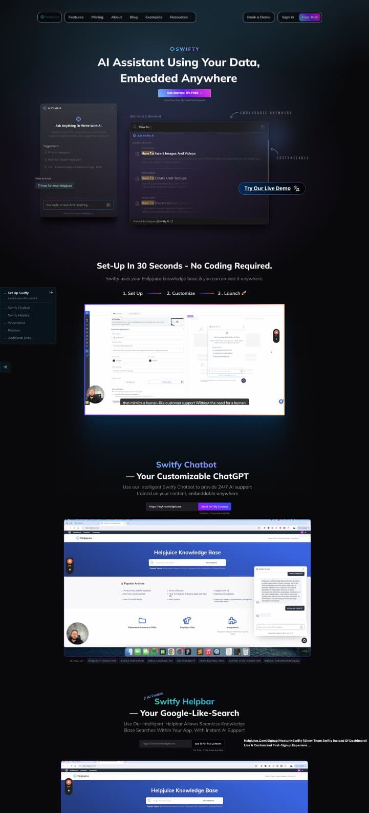 Dark landing page for Swifty, the AI assistant, with chatbot and helpbar demos.