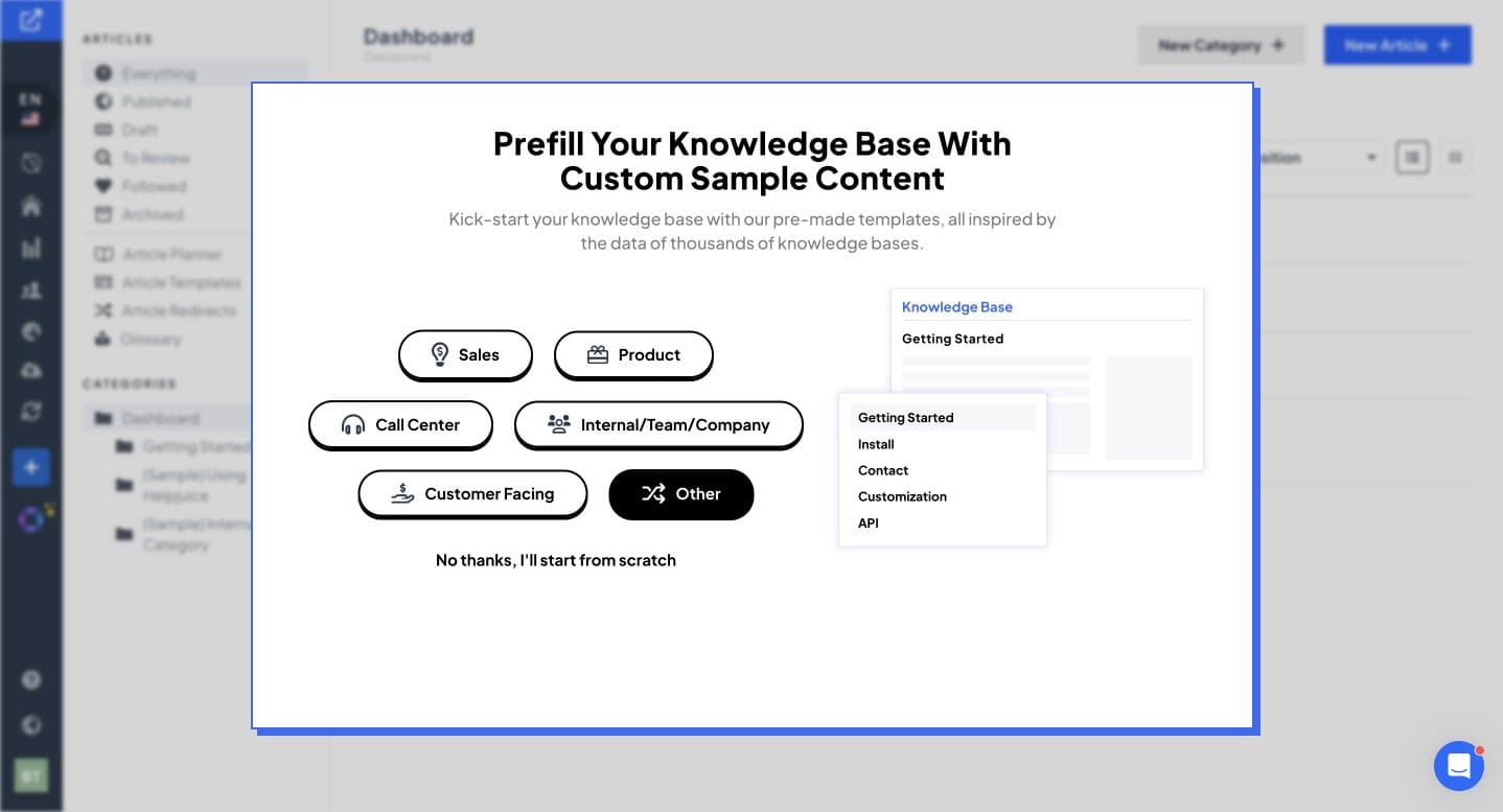 Old onboarding modal: Prefill your knowledge base with custom sample content, with category chips.