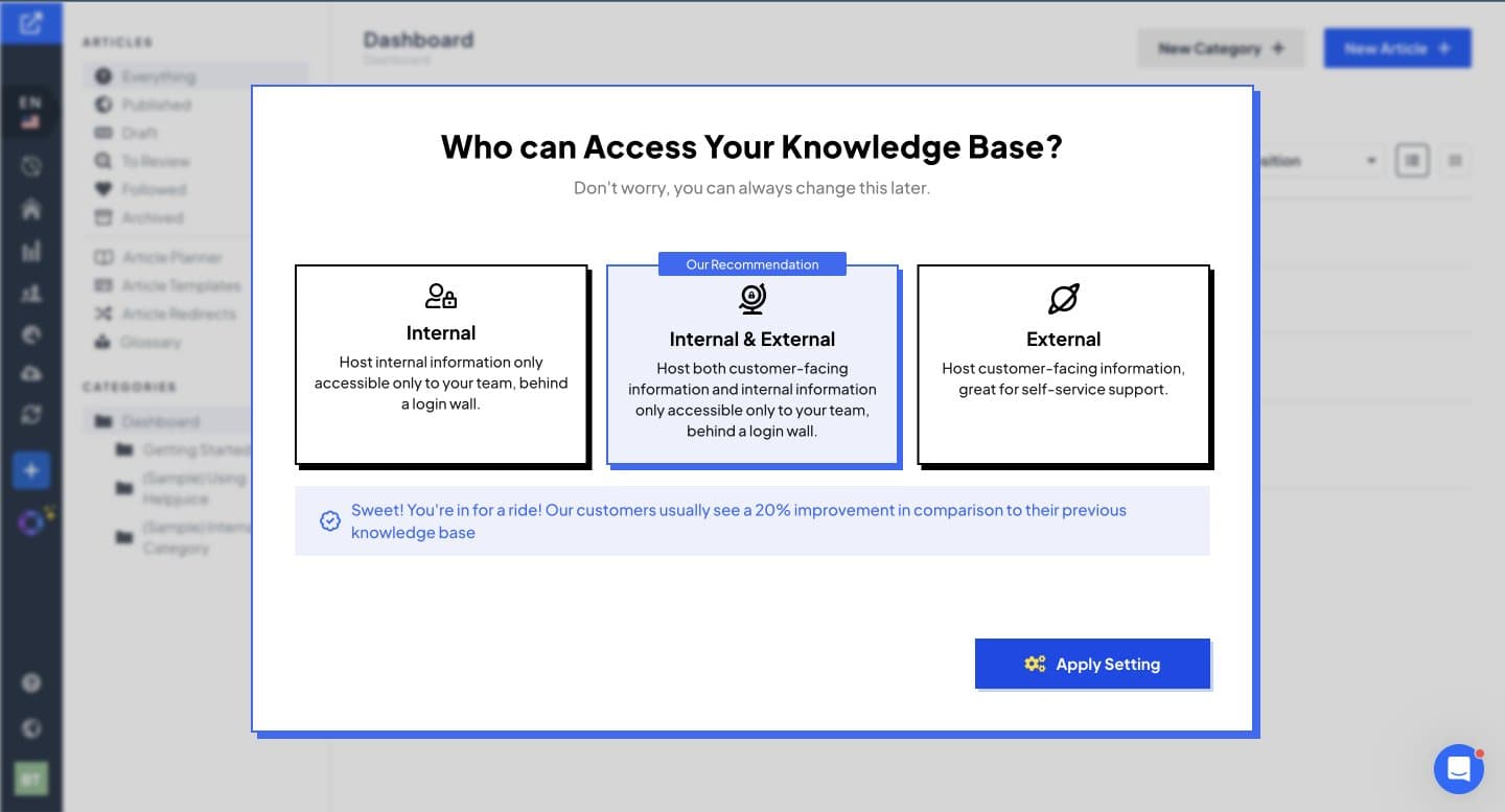 Old onboarding modal: Who can access your knowledge base, with internal, internal and external, and external cards.