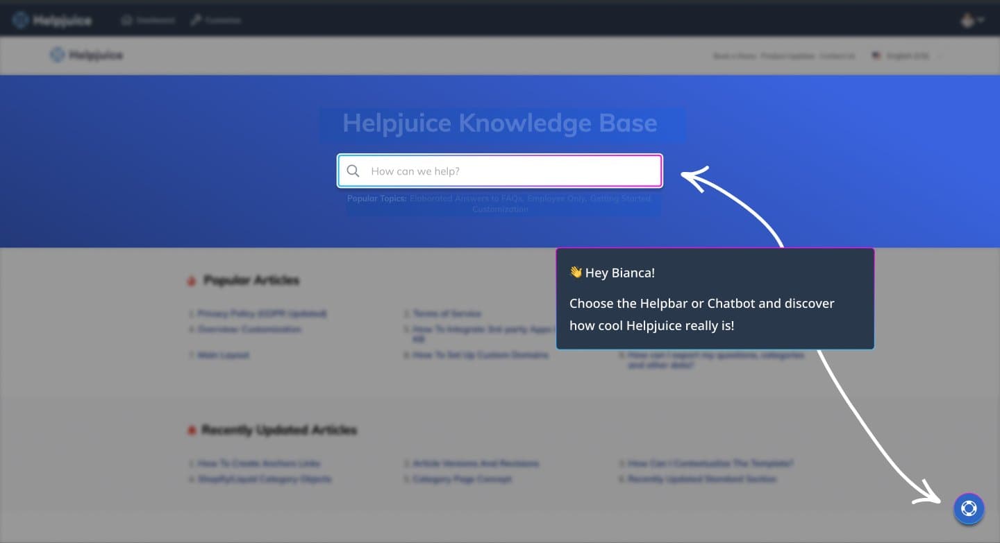 Demo start over the customer knowledge base: choose the helpbar or the chatbot.