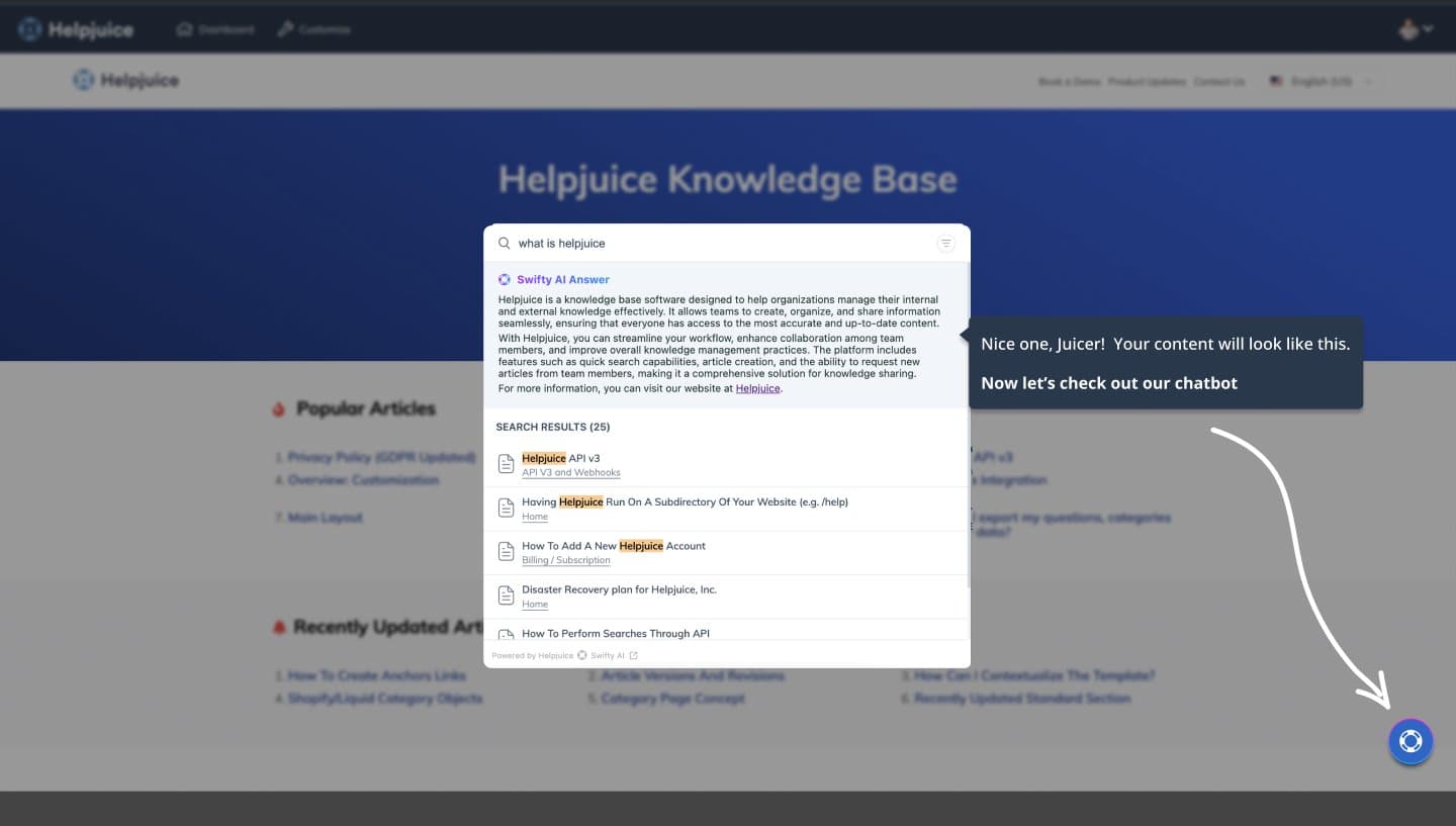 Demo step showing an AI answer in the helpbar, with a tooltip inviting to try the chatbot next.