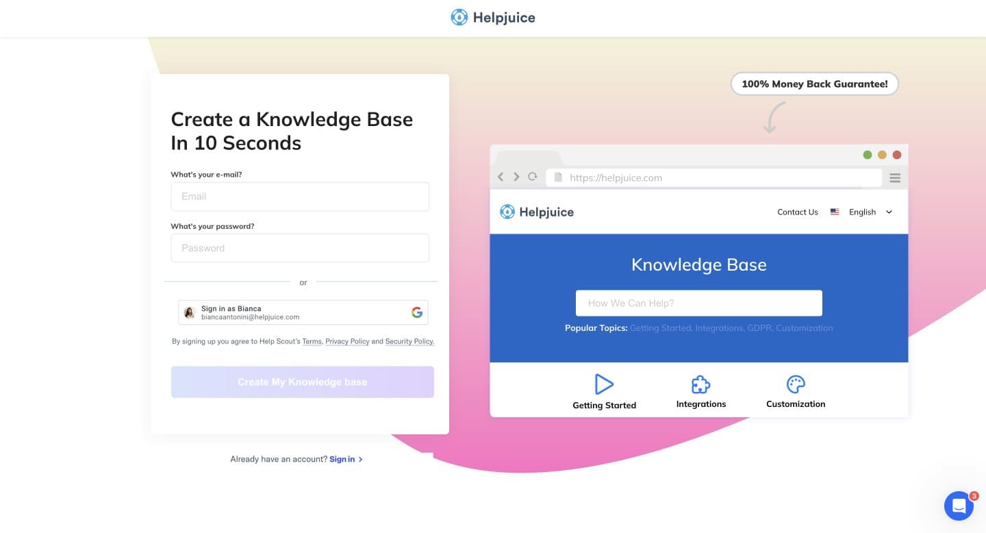 Sign up page: Create a knowledge base in 10 seconds, next to a preview of a knowledge base.
