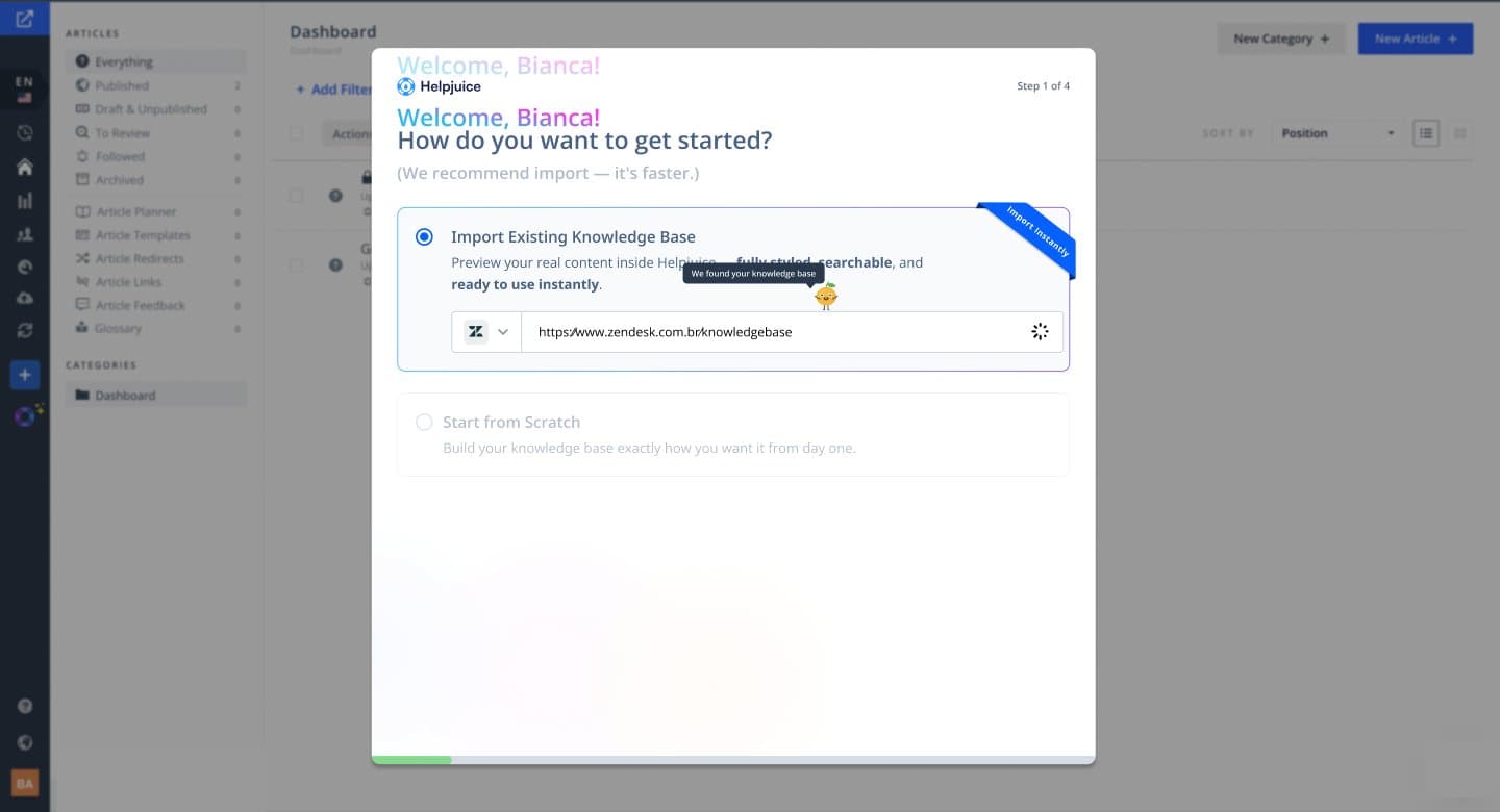 Step 1: How do you want to get started, with Import existing knowledge base recommended and a pasted link.