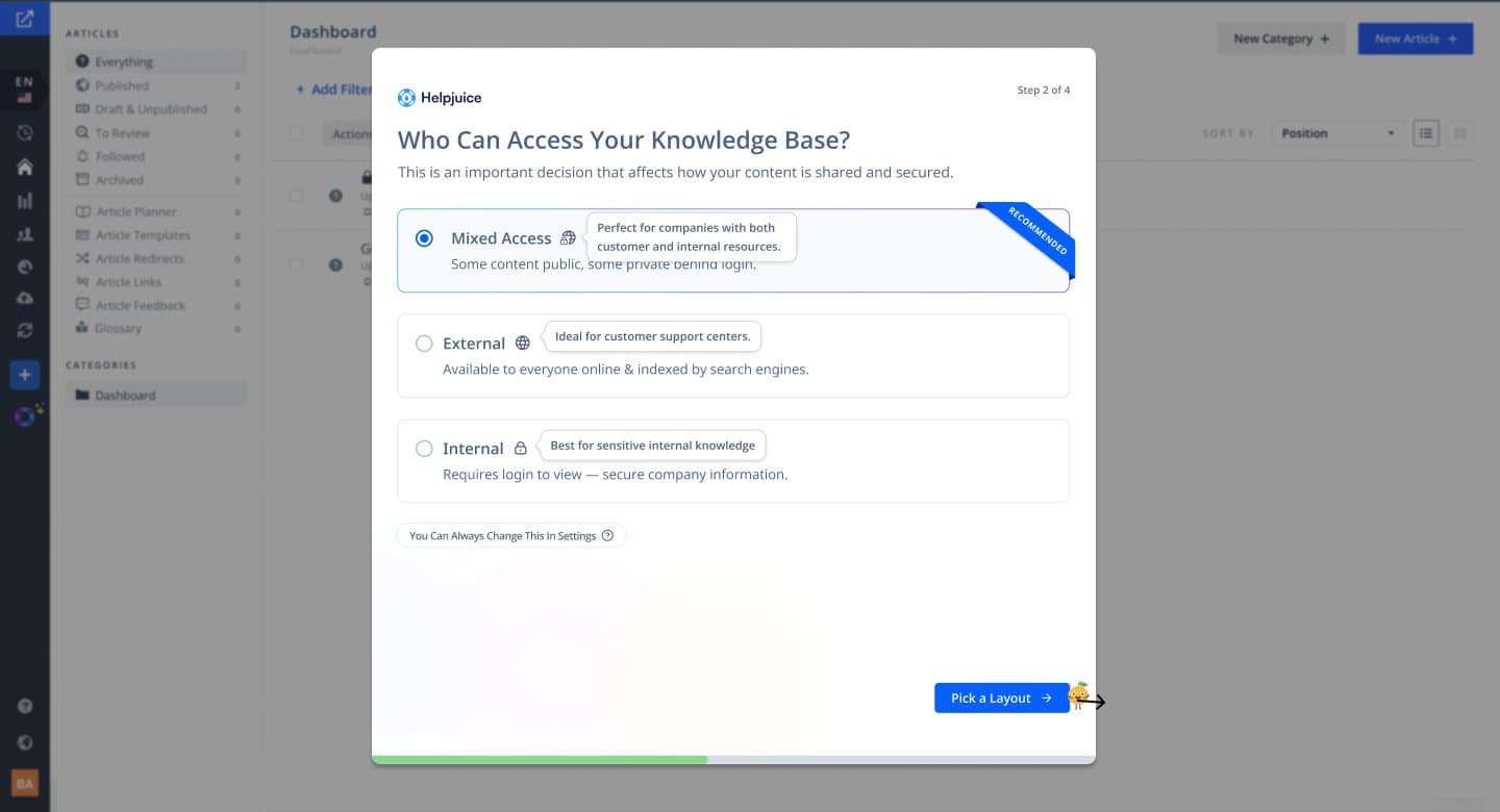 Step 2: Who can access your knowledge base, mixed, external or internal.