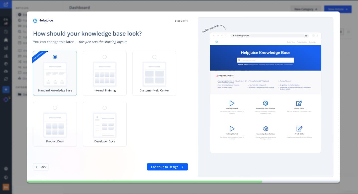 Step 3: How should your knowledge base look, layout options with a live preview.