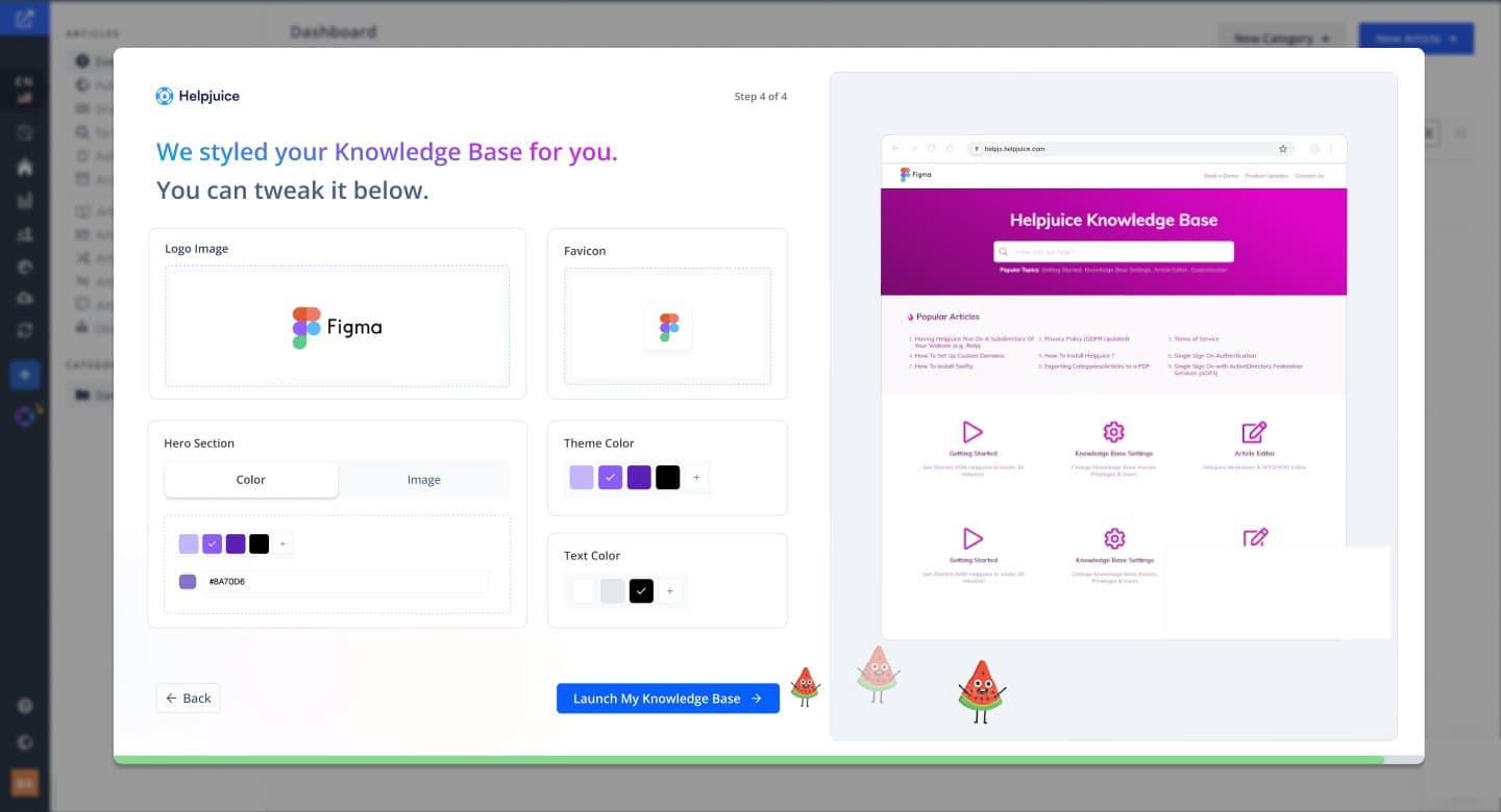 Step 4: the knowledge base arrives already styled, with the logo, favicon and colors applied and a Launch my knowledge base button.