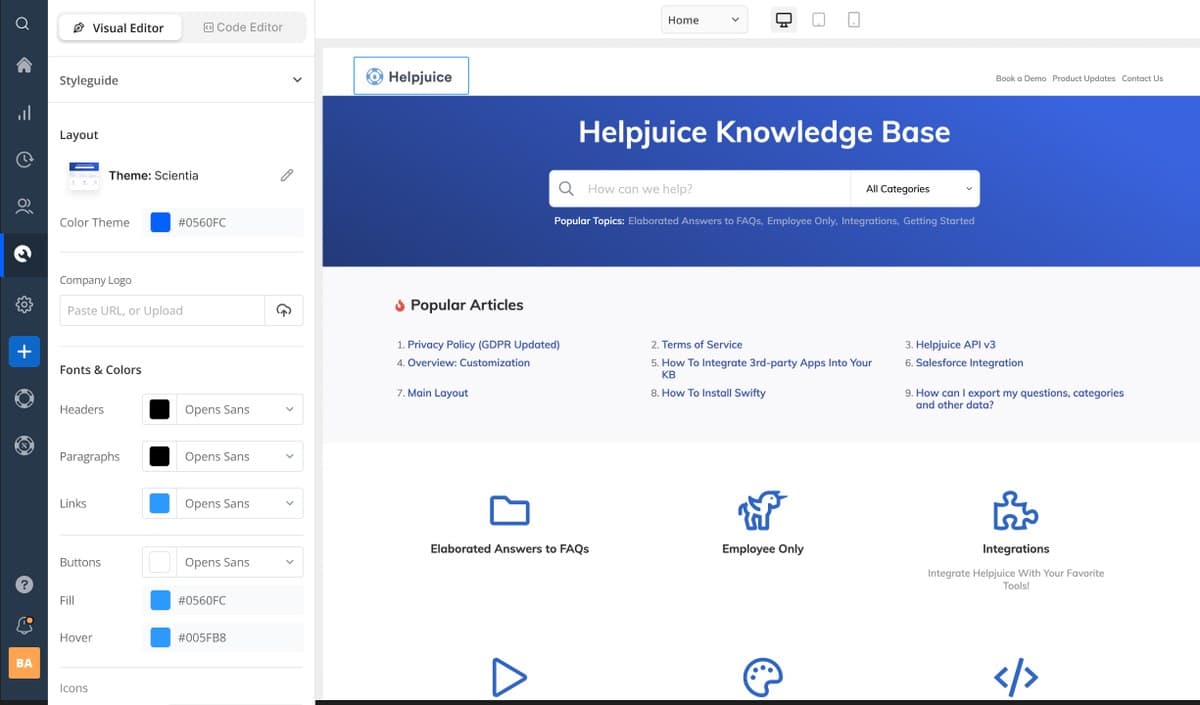 Visual editor with layout, colors, logo and fonts on the left and a live knowledge base preview on the right.