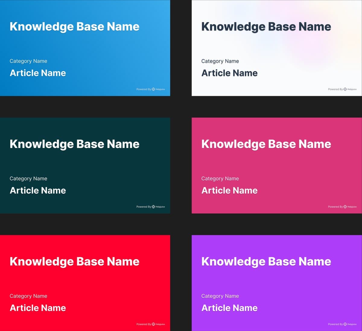 Six link preview cards in different brand colors with the knowledge base, category and article names.