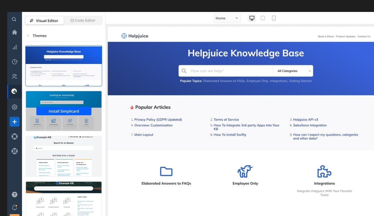 Theme picker with thumbnails of knowledge base themes next to the live preview.