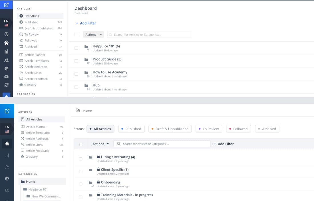 The knowledge base dashboard before, a plain list with a filter link, and after, with status filters as pills and a clearer toolbar.