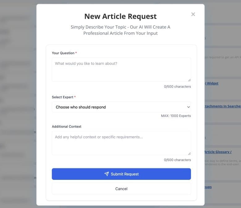 New Article Request modal with fields for the question, the expert who should respond and extra context.