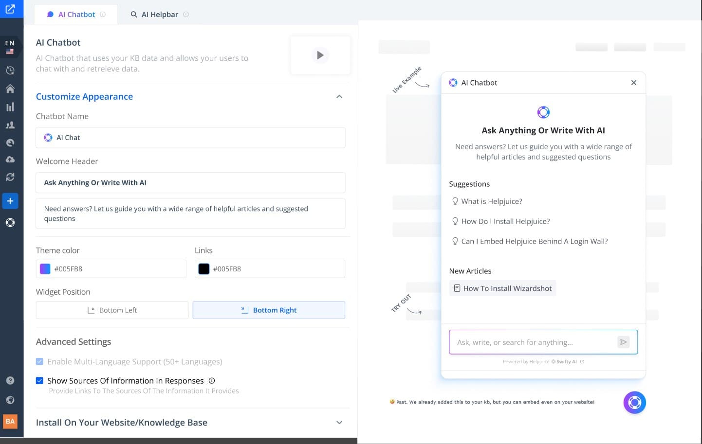 Chatbot appearance settings on the left and a live chatbot preview on the right.