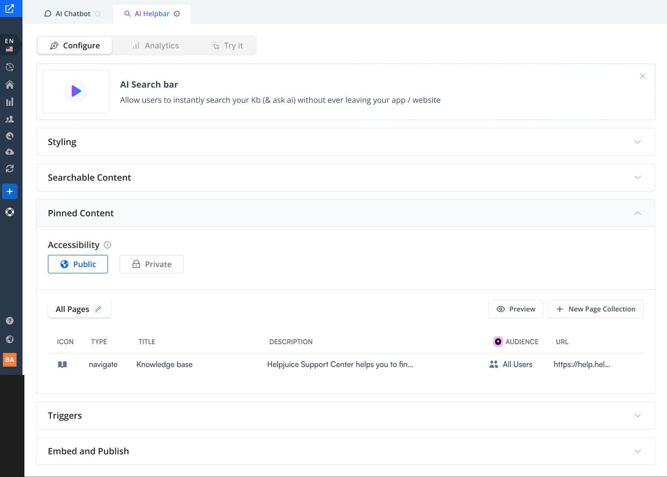 Pinned content settings with public or private access and a table of pinned pages by type, audience and URL.