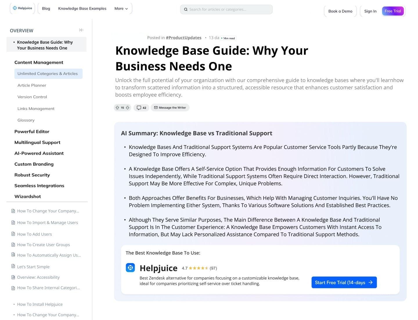 Redesigned article page with a sidebar of categories, the article title and an AI summary box.