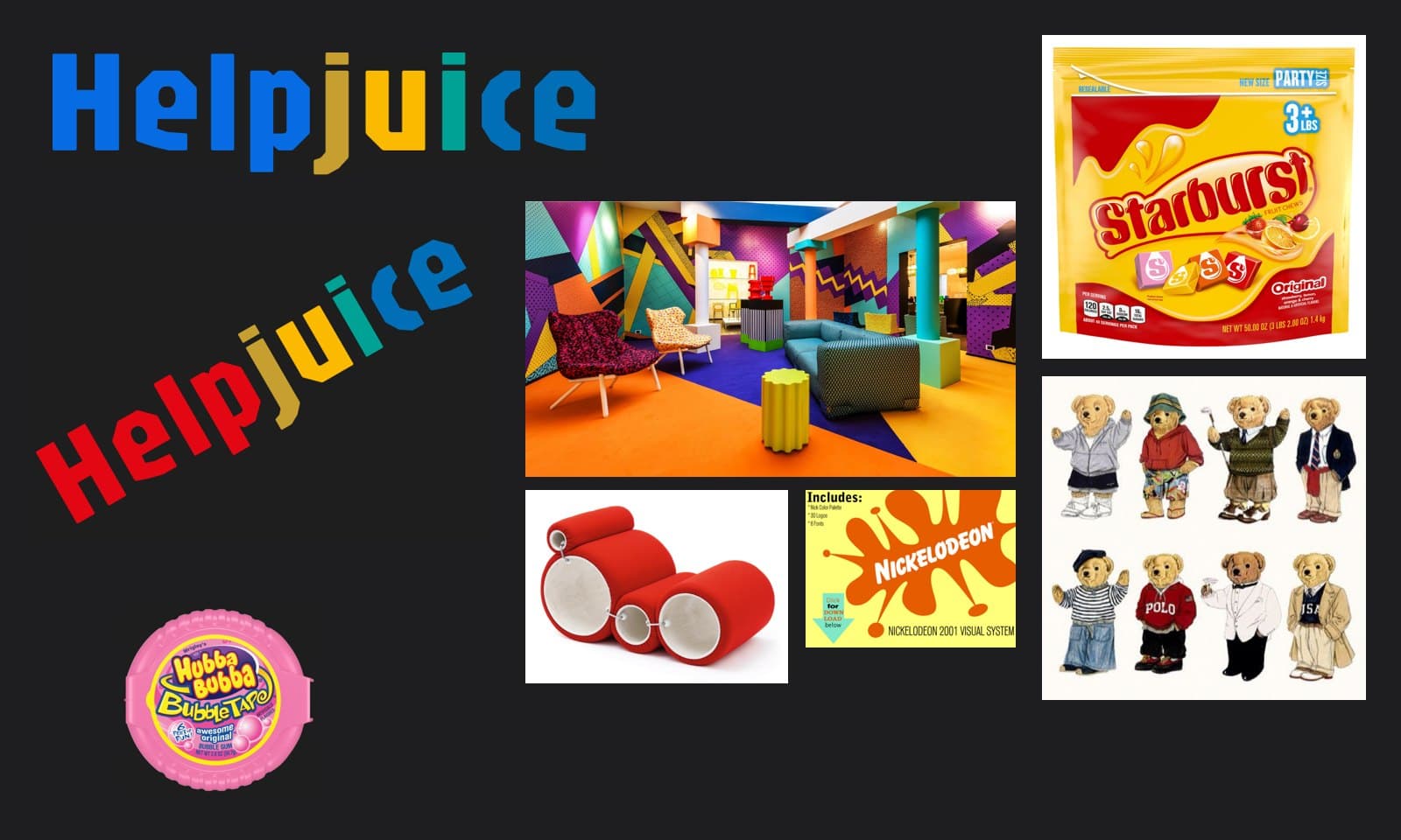 Moodboard with a multicolor wordmark, a Memphis style interior, Y2K packaging and retro objects.