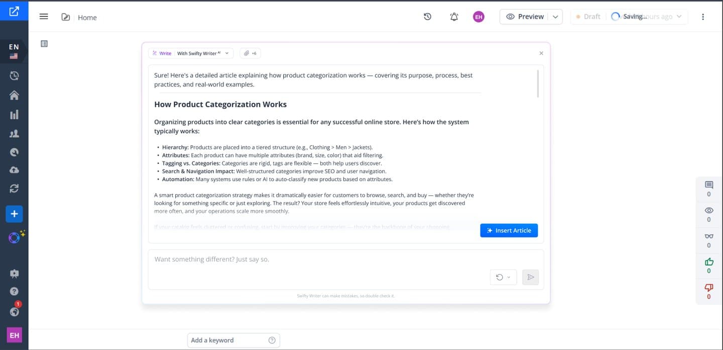Generated article inside the panel with an Insert Article button.