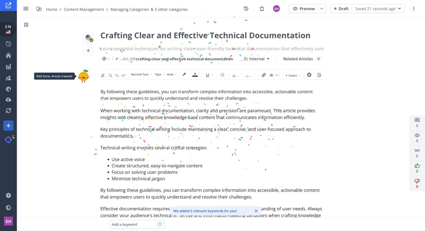 The inserted article with confetti and a note that keywords were added.