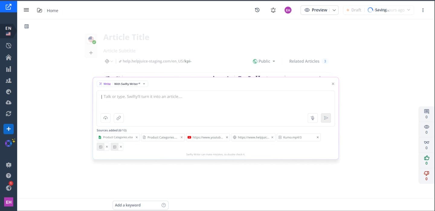Swifty Writer panel with a prompt field and added sources: a spreadsheet, a document, a video, links and an audio file.