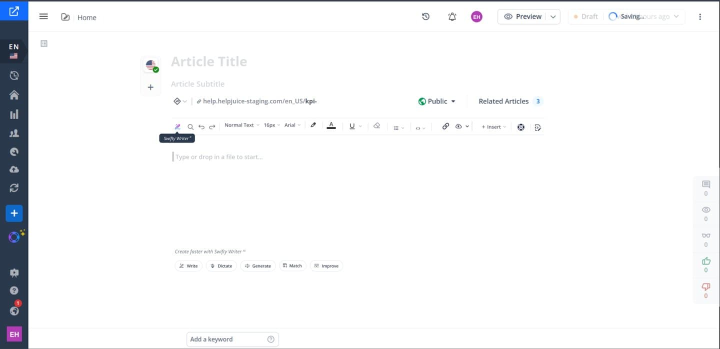 Empty article editor with shortcuts under it: Write, Dictate, Generate, Match and Improve.