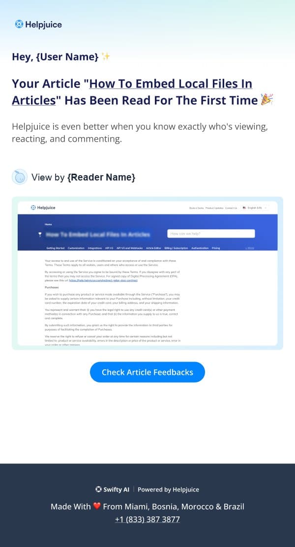 Email: Your article has been read for the first time, with a preview and a Check Article Feedbacks button.