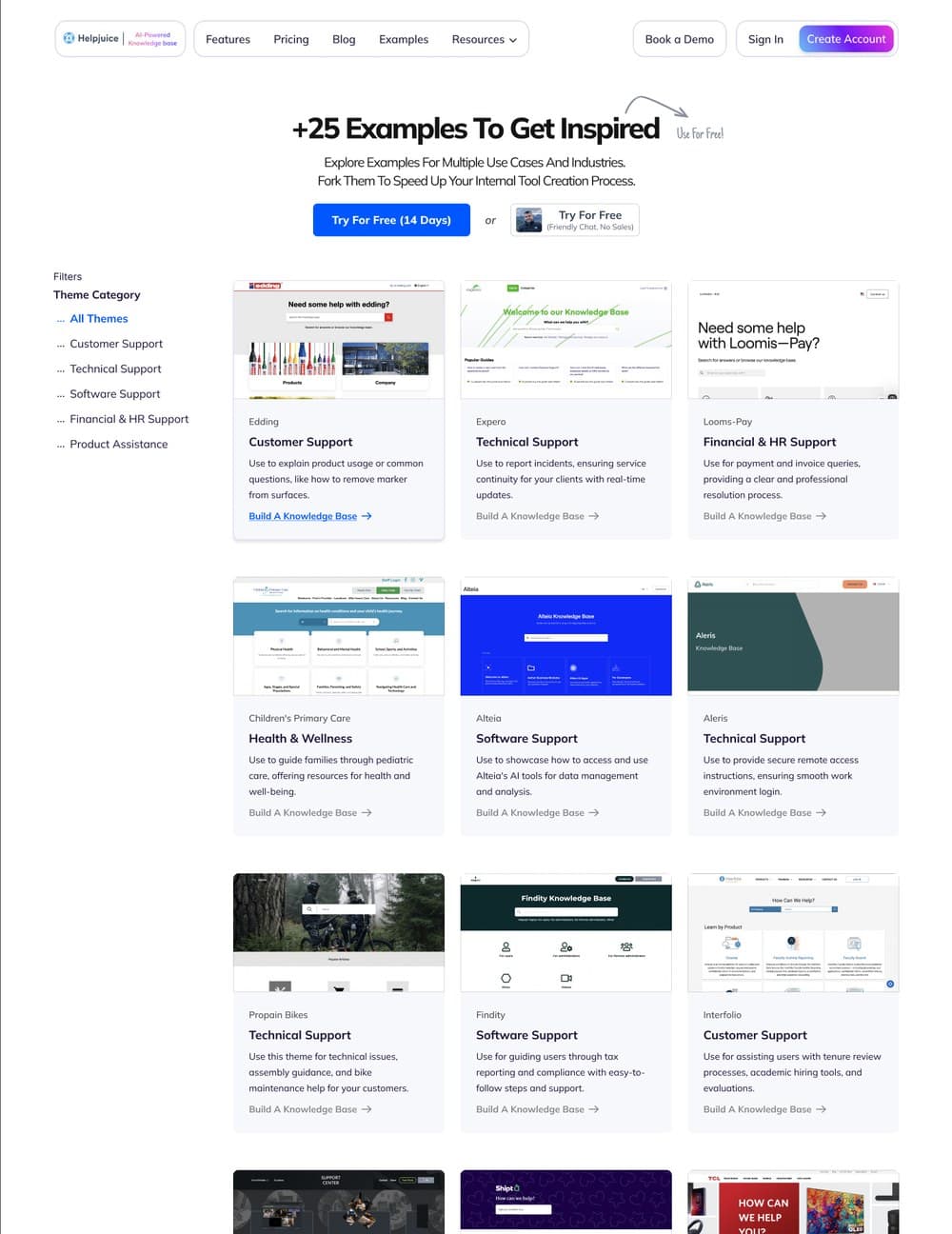 New examples page: filters by theme category and cards with a preview, a use case and a link to build a knowledge base.