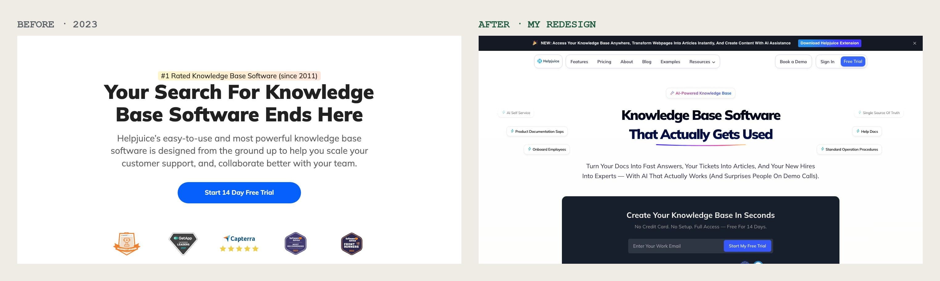Helpjuice homepage before, a plain headline with a blue button, and after, an AI-powered knowledge base hero with a signup box.