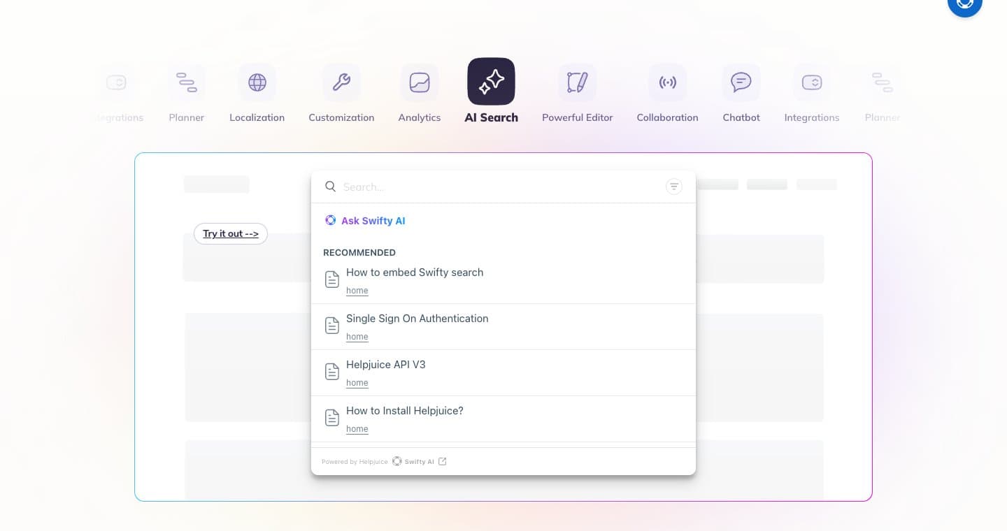 Homepage feature tabs, AI Search selected, with a live search demo offering to ask Swifty AI.