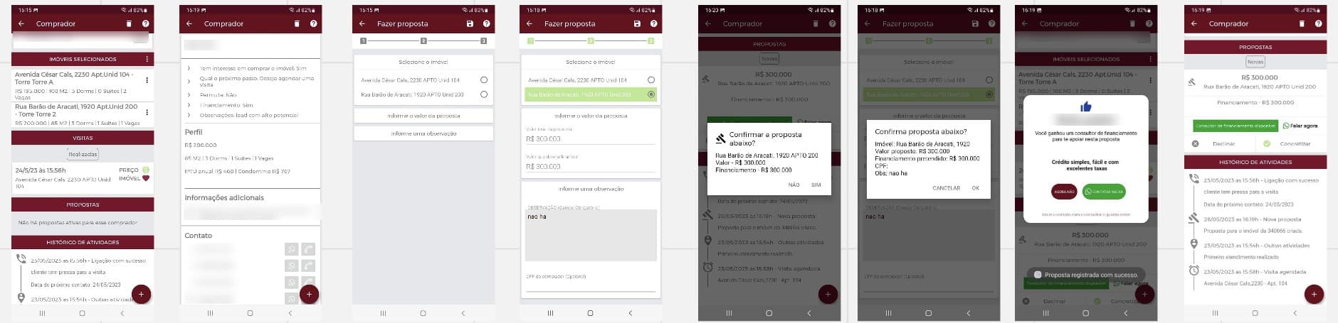 Eight screens of the old app with a dark red header: buyer details, a three step proposal form, confirmation dialogs and an activity history.
