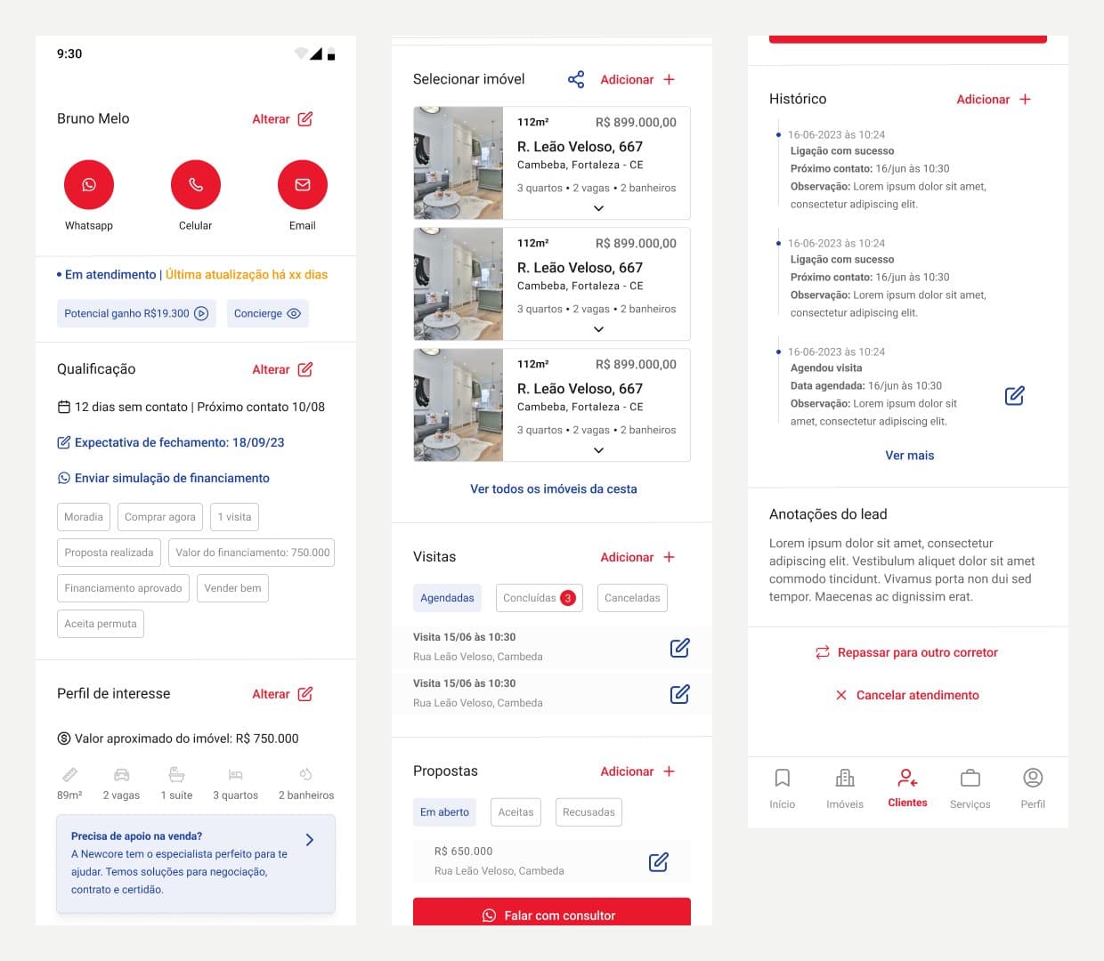 The lead profile split into three parts: contact buttons, status and qualification tags; selected properties, visits and proposals; activity history, notes and the option to pass the client to another agent.