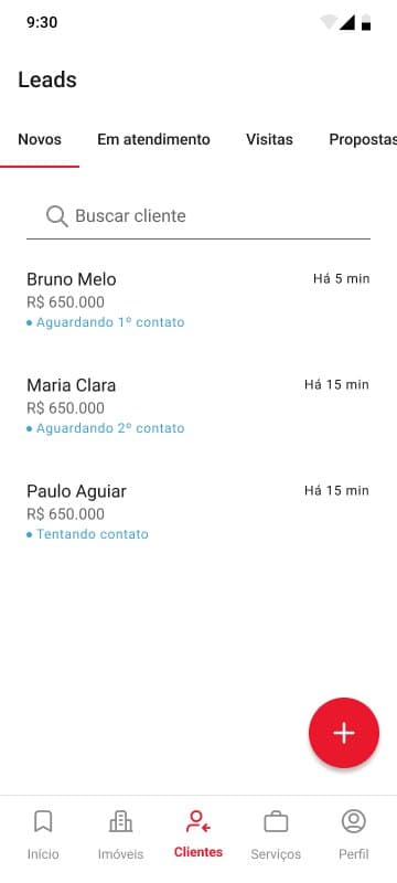 Leads list with tabs for new, in service, visits and proposals, each lead showing a budget and contact status.