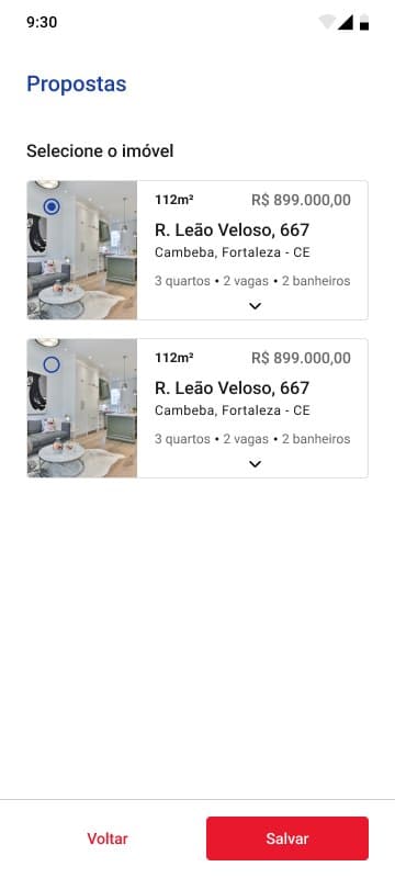 Proposal screen asking the agent to select one of two properties, with price, address and features.
