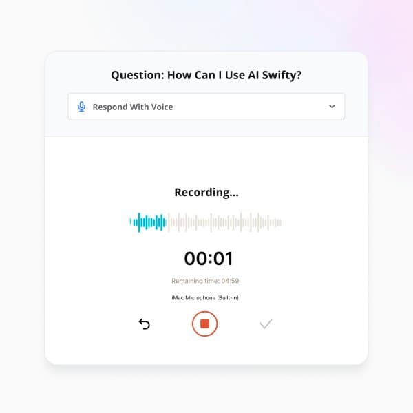 Voice answer while recording, with a waveform, a timer and controls to restart, stop or confirm.