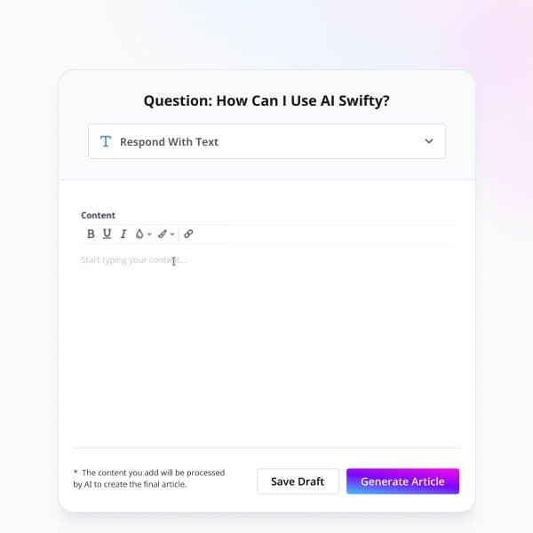 Answer card set to Respond with text, with a content editor and a Generate article button.