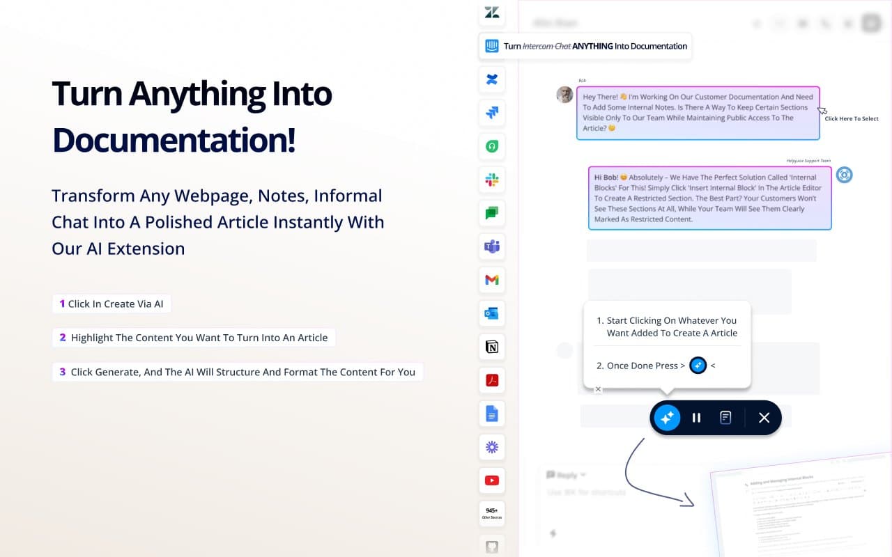 Slide reading: Turn anything into documentation, showing a chat being turned into an article in three steps.