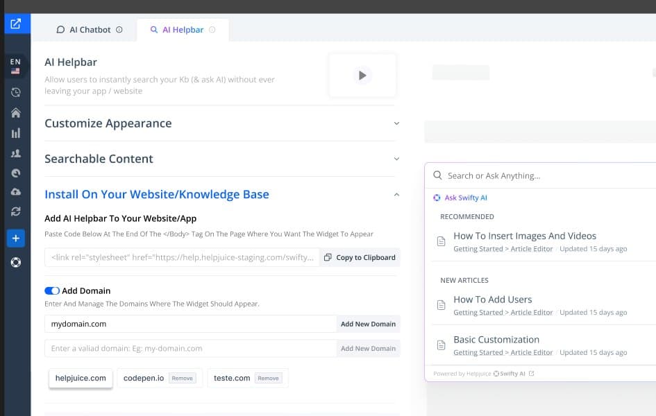AI Helpbar install settings with the embed code, a list of allowed domains and a live search preview offering to ask Swifty AI.