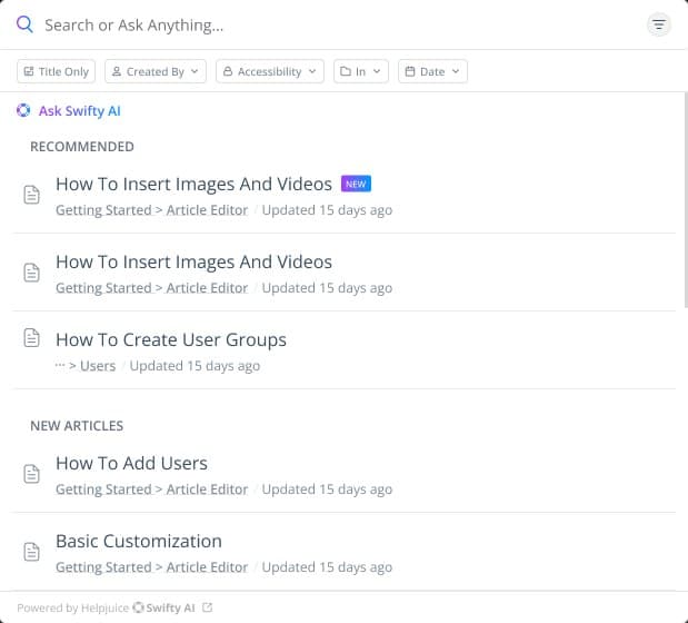 Search panel reading Search or Ask Anything, with filters for title, author, accessibility, category and date, Ask Swifty AI, and recommended and new articles.