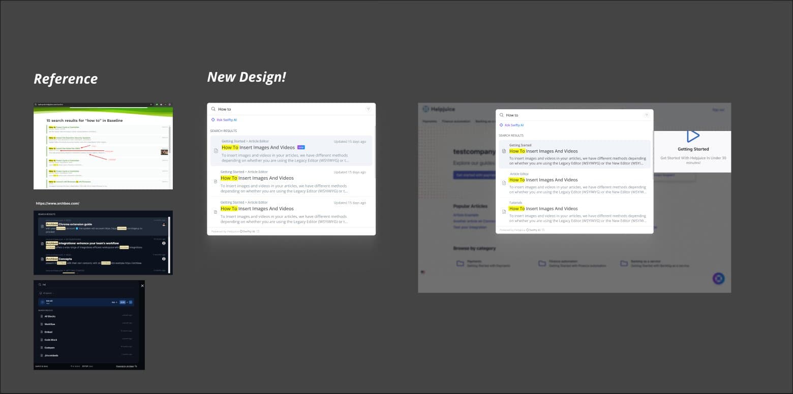 Board with reference search results from other tools on the left and the new Helpjuice search design on the right, alone and over a knowledge base.