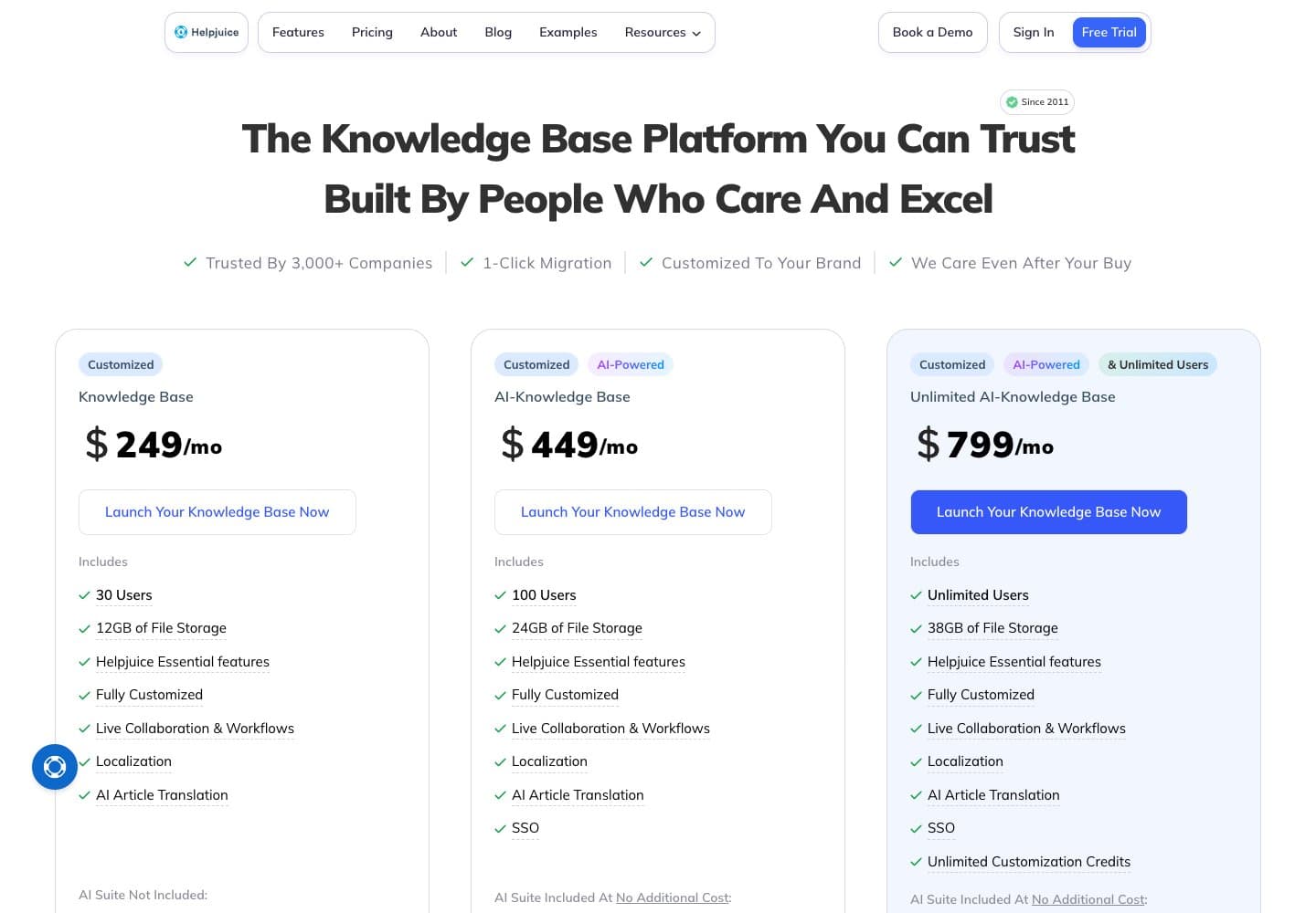 Pricing page with three plans, the knowledge base, the AI knowledge base and the unlimited plan, each listing what is included.