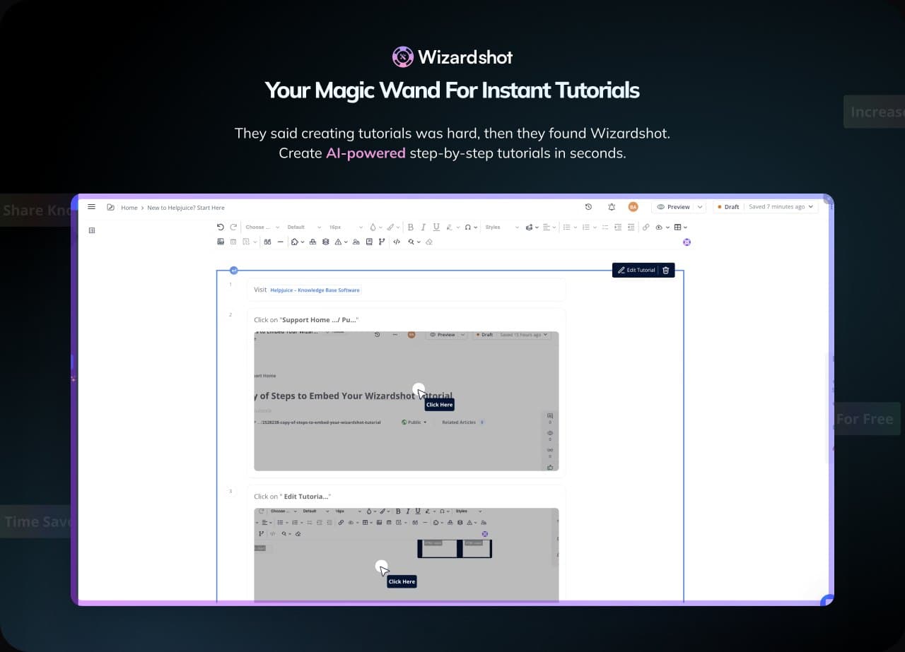 WizardShot section: Your magic wand for instant tutorials, with a generated step-by-step guide.