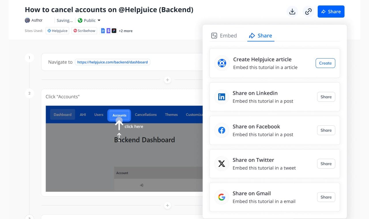 Share panel on a tutorial with options to create a Helpjuice article or share on LinkedIn, Facebook, Twitter and Gmail.