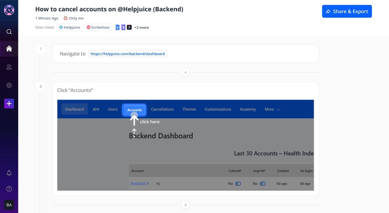 A generated tutorial: numbered steps such as Navigate to and Click Accounts, each with a screenshot and a click here marker.