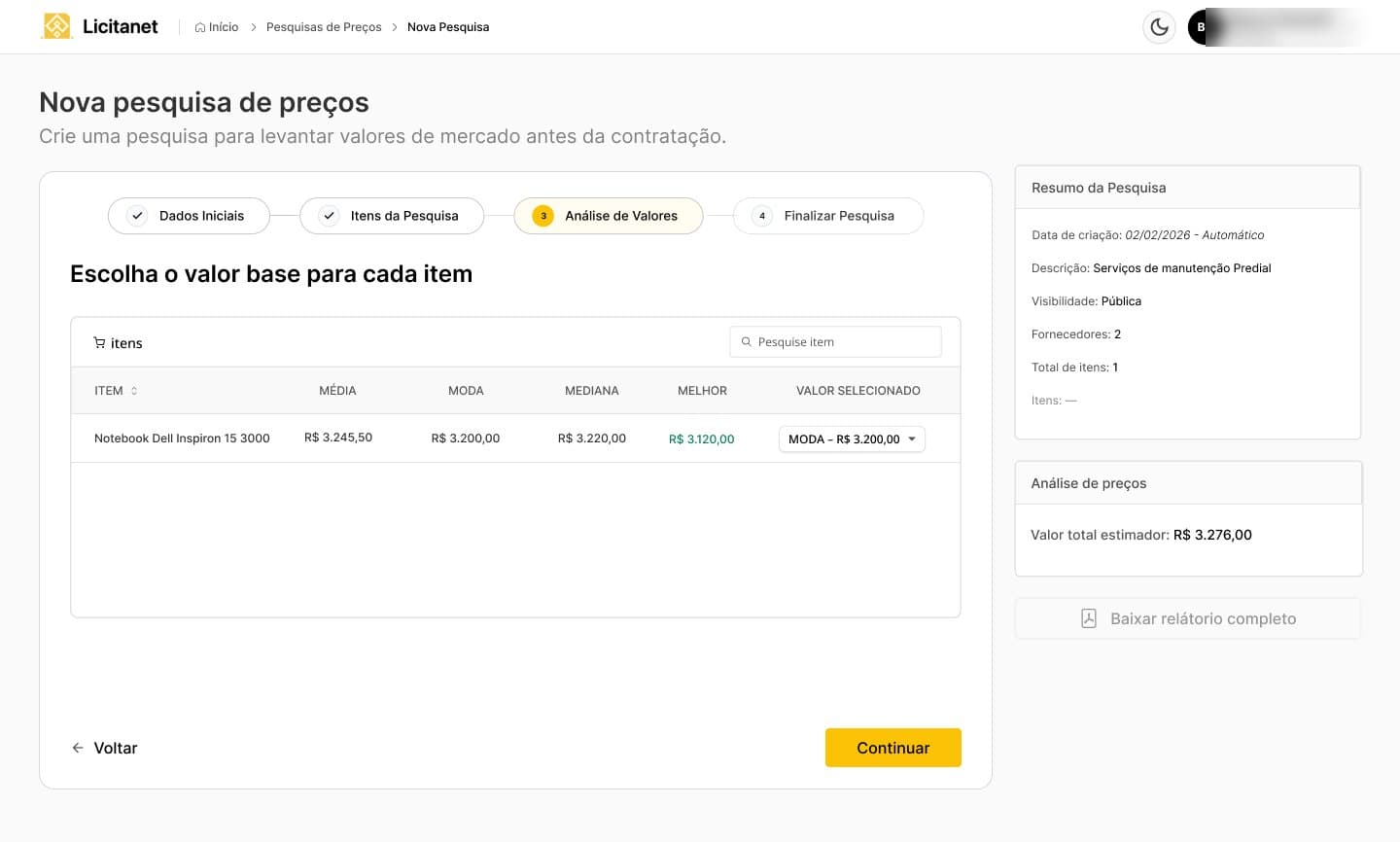 Pesquisa de preços, etapa três de quatro: um item com média, moda, mediana e melhor preço, um seletor pra escolher o valor de base e um painel de resumo à direita.