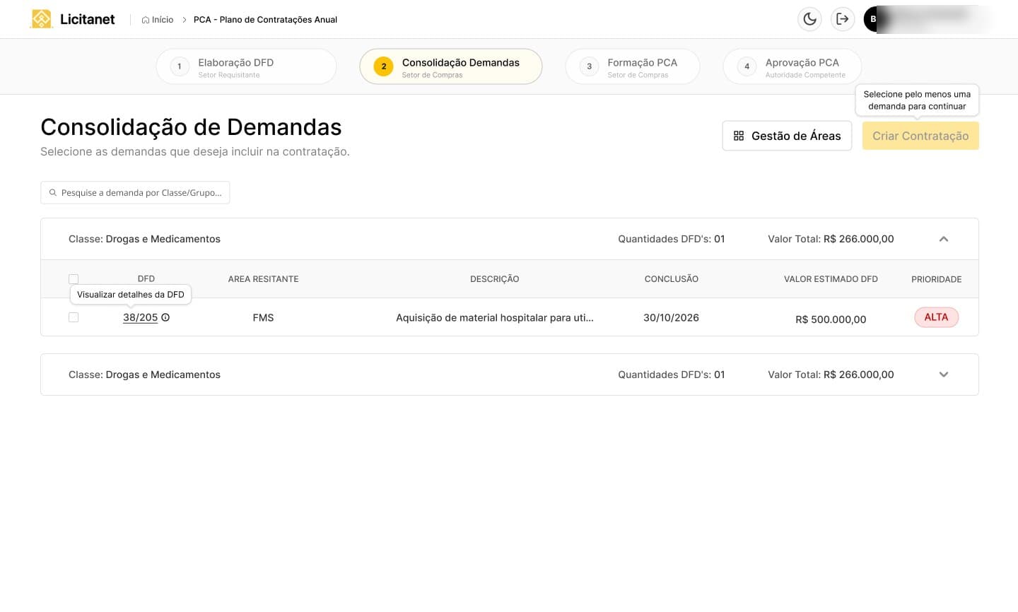 Tela de consolidação de demandas: uma barra de quatro etapas com o papel embaixo de cada uma, demandas agrupadas por classe com valor total e uma etiqueta de prioridade alta.