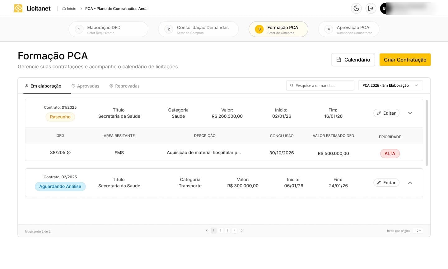Tela de formação do PCA com abas de contratações em elaboração, aprovadas e reprovadas, cada contratação abrindo pra mostrar as demandas que a compõem.