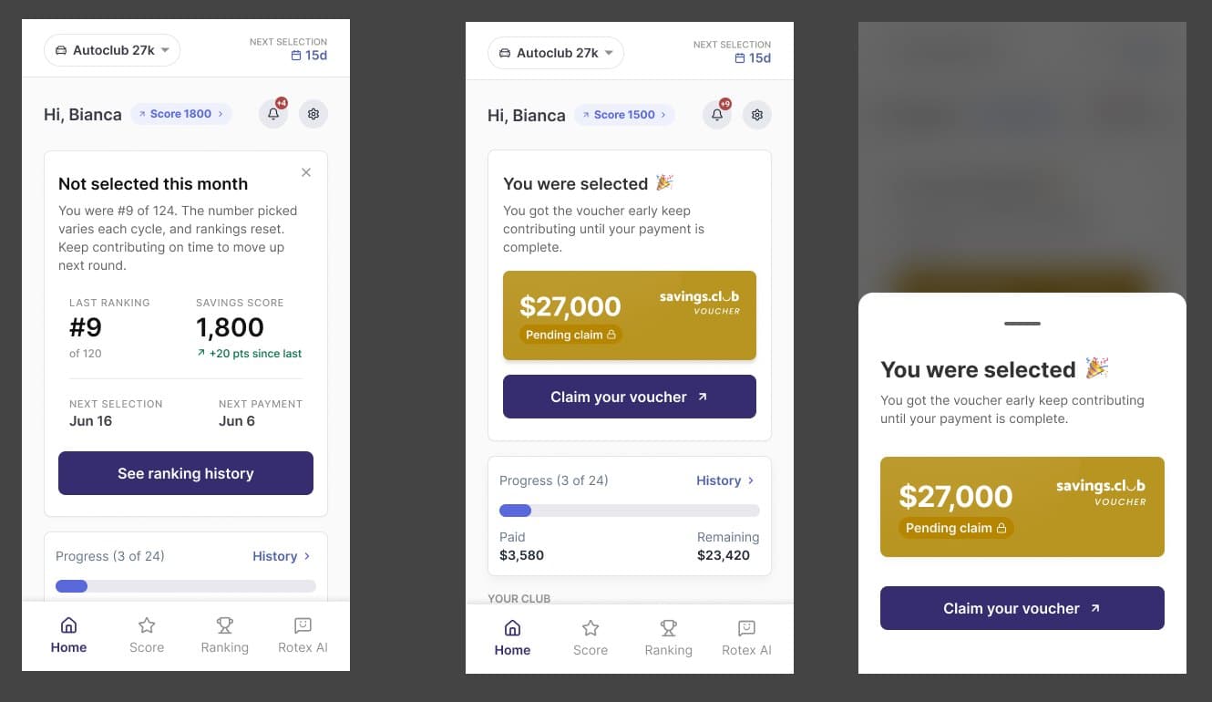 Three app screens: not selected this month with the last ranking and Score, and a selected member with the voucher card pending claim, on the home and in a celebration sheet.